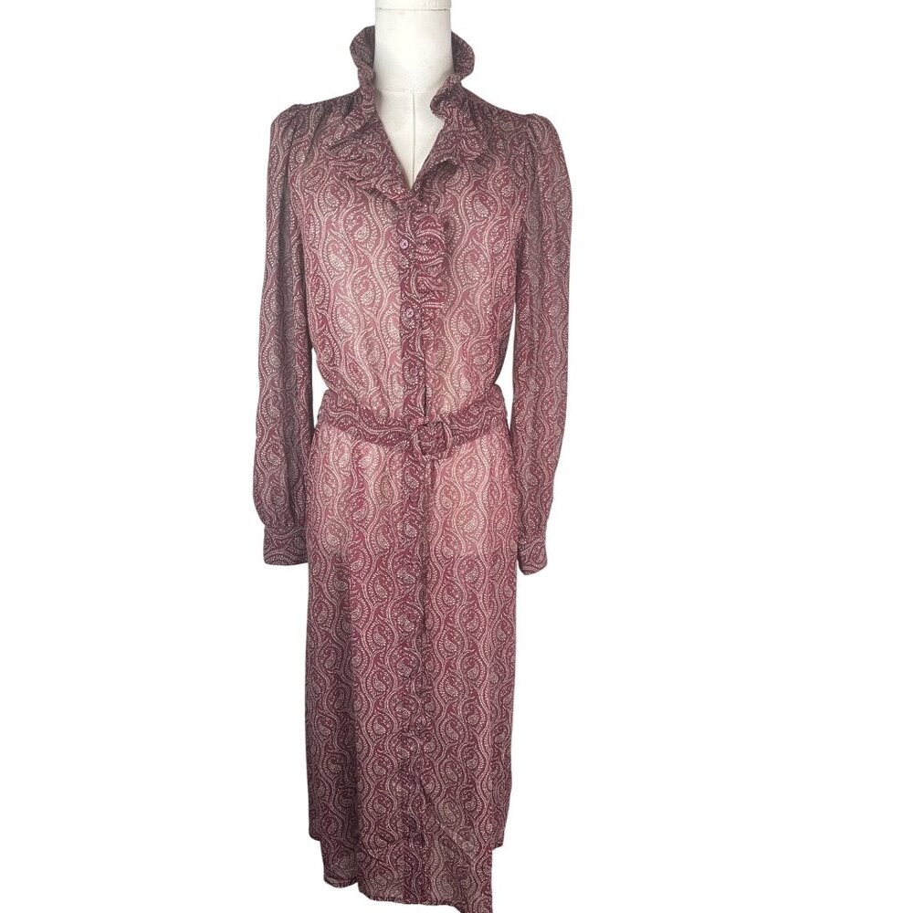 Banana Republic Large Burgundy Paisley Button-Down Midi Ruffle Collar